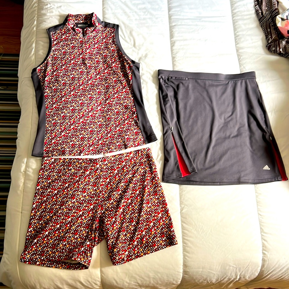 Adidas 3 piece Golf outfit.  Worn a few times. Includes top/biker/shorts skirt